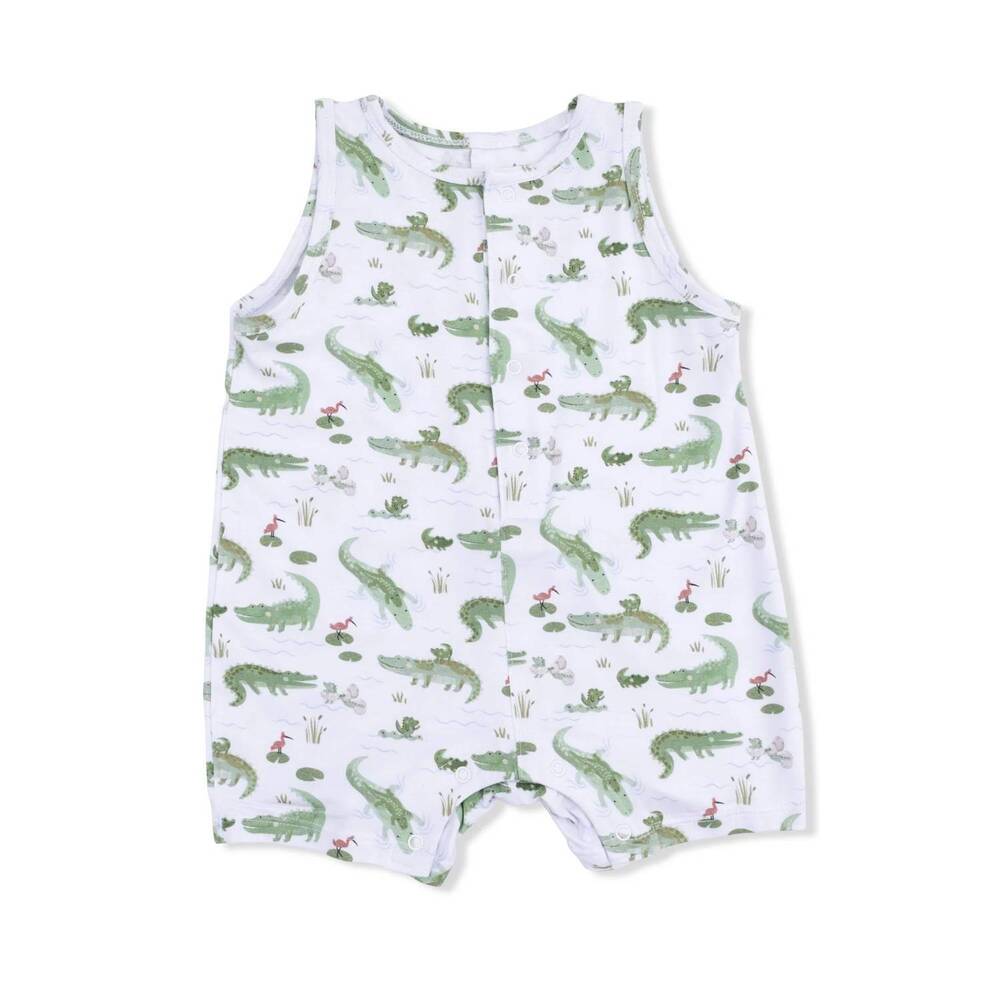 NEW ANGEL DEAR kids crayon alligators bamboo sleeveless shortie romper in white